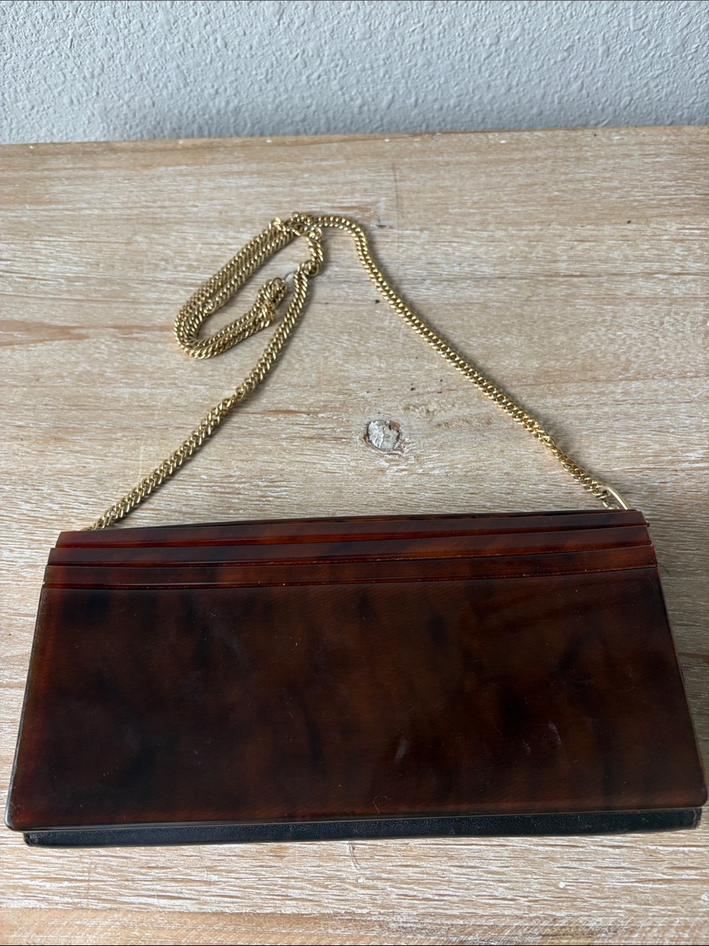 Vintage Italian Art Deco Tortoiseshell Lucite Clutch with Gold Chain - Picture 2 of 15